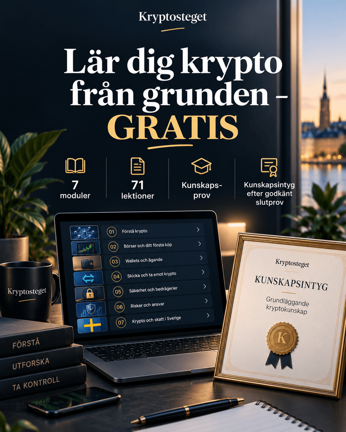 Kryptostegets Grundkurs i krypto med kunskapsprov, slutprov och kunskapsintyg
