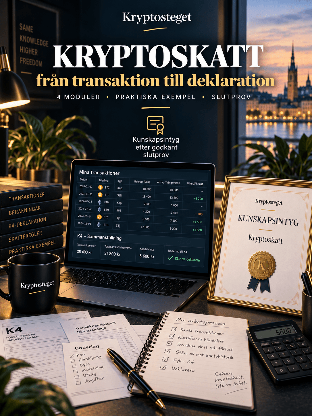 Krypto och skatt i Sverige — Kryptostegets gratiskurs i svensk kryptobeskattning, från transaktion till deklaration