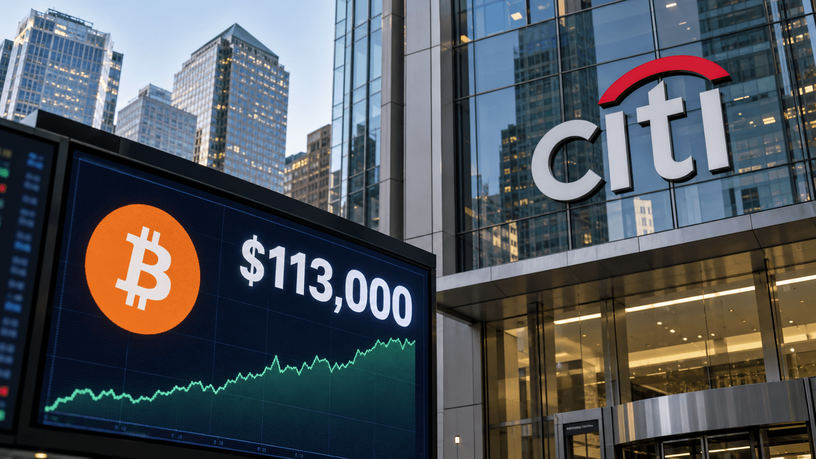 Citi-kontor intill en marknadsskärm som visar bitcoinsymbolen, en stigande graf och prognosen 113 000 dollar.