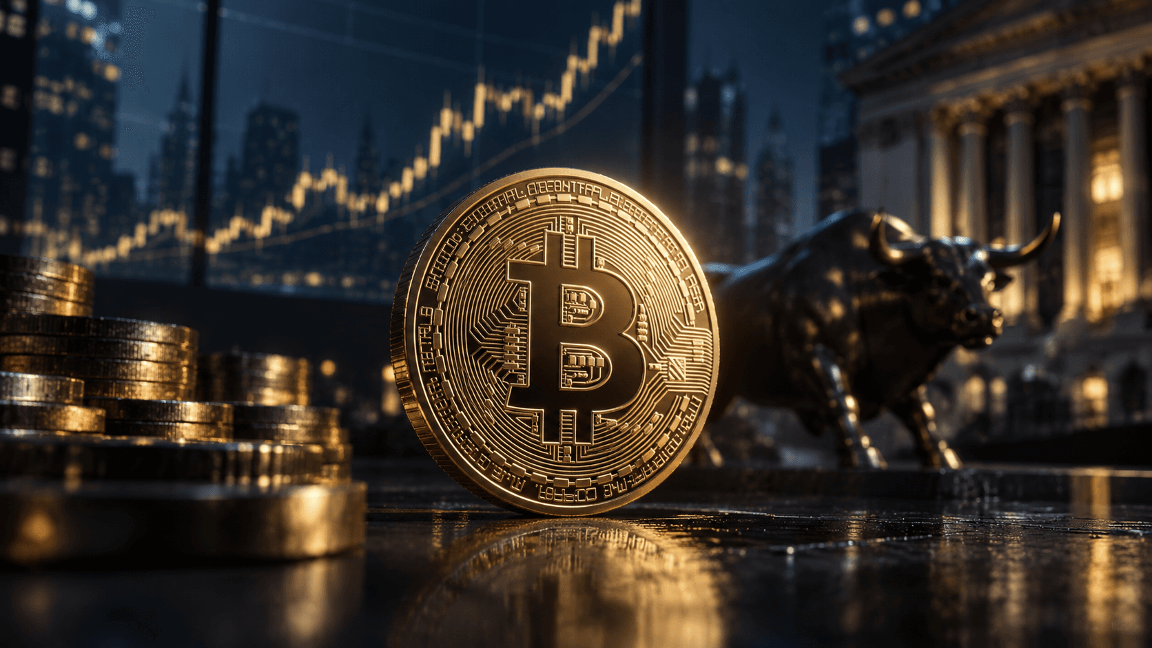 Bitcoinmynt framför en stigande marknadsgraf och en tjurstaty i en mörk finansmiljö.