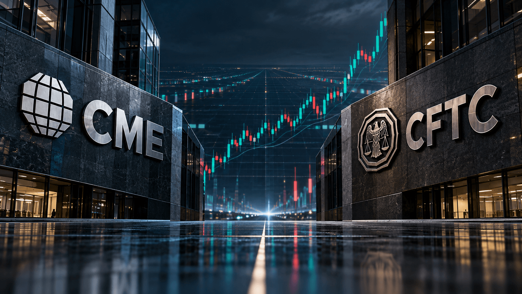 CME och CFTC står på varsin sida av en digital kursgrafik i en illustration av rättsstriden om perpetual futures i USA.